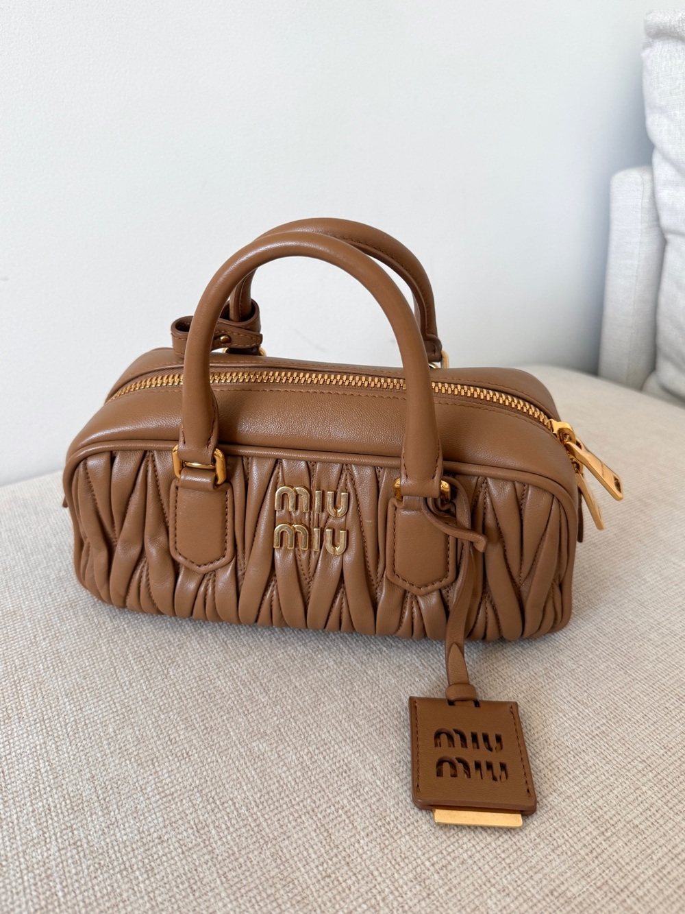 Miu Miu Cognac Brown Matelassé Mini Satchel
